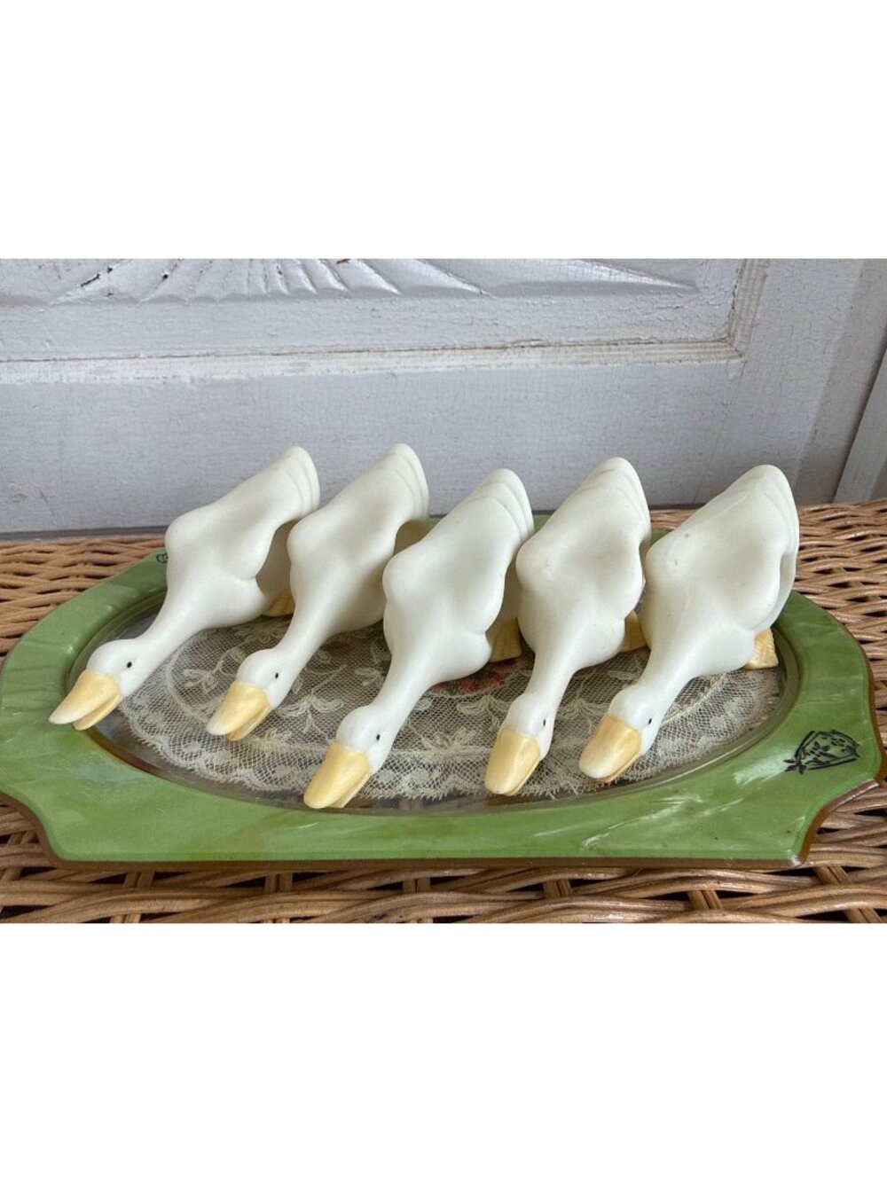 Vintage 70s Lot 5 Bisque Porcelain Geese Ducks Napking Rings Table wear Retro
